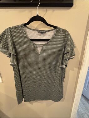 Adrianna Papell Olive Green Polka Dot Ruffle Sleeve Top